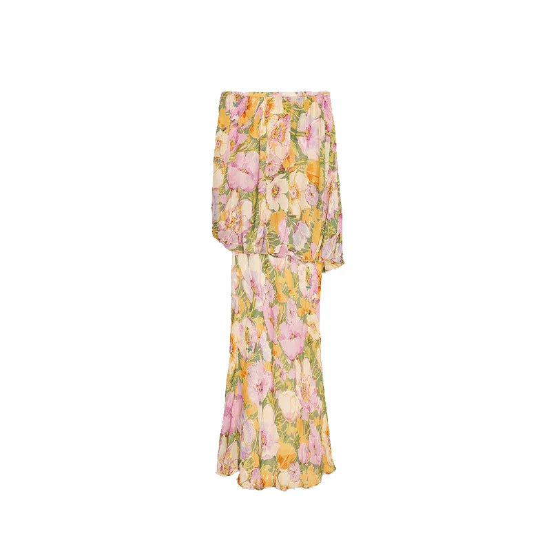 Strapless Floral Maxi Dress, Blouson Chiffon