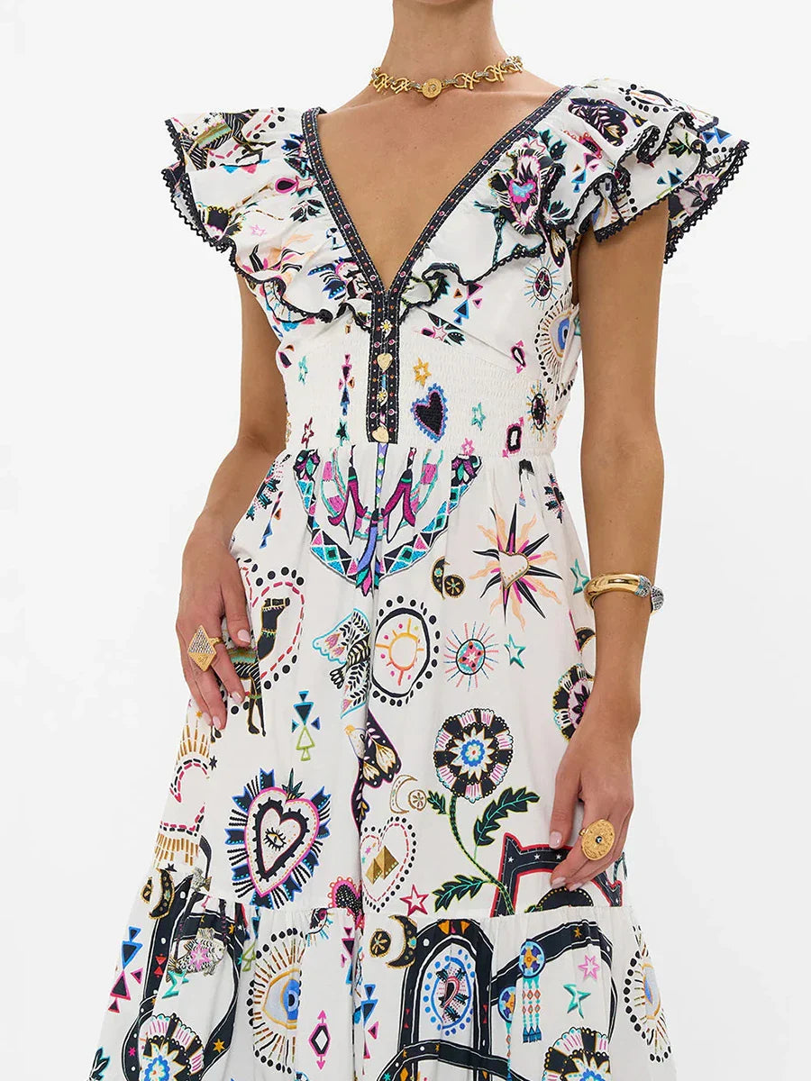 Printed Ruffles Strap Maxi Dress