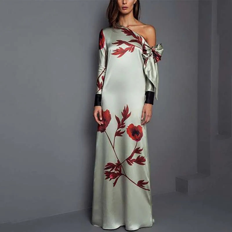 Floral One-Shoulder Maxi Dress | Elegant Autumn Print Gown