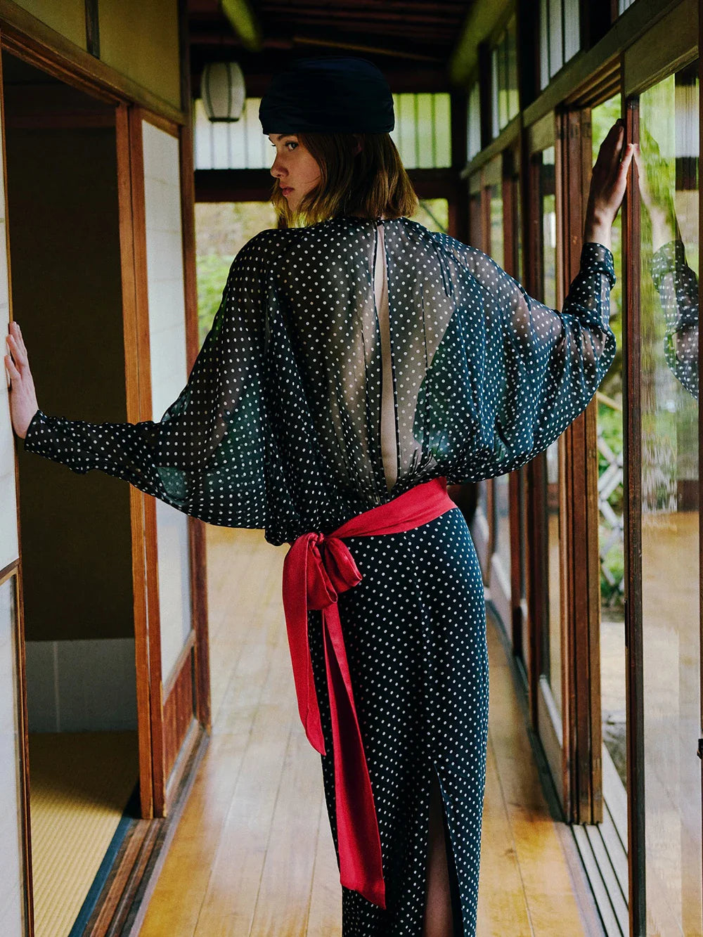 Black Dot Long Sleeve See-Through Maxi Dress