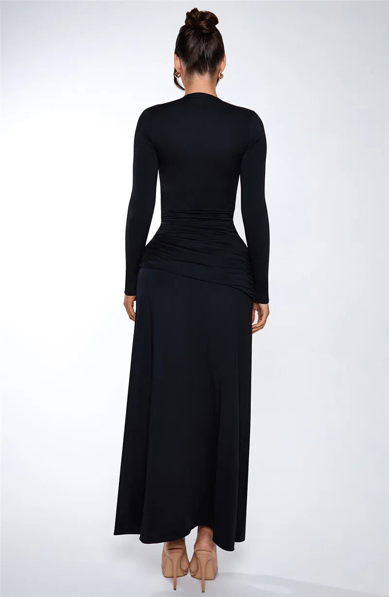Black Deep V Neck Long Sleeve Maxi Dress