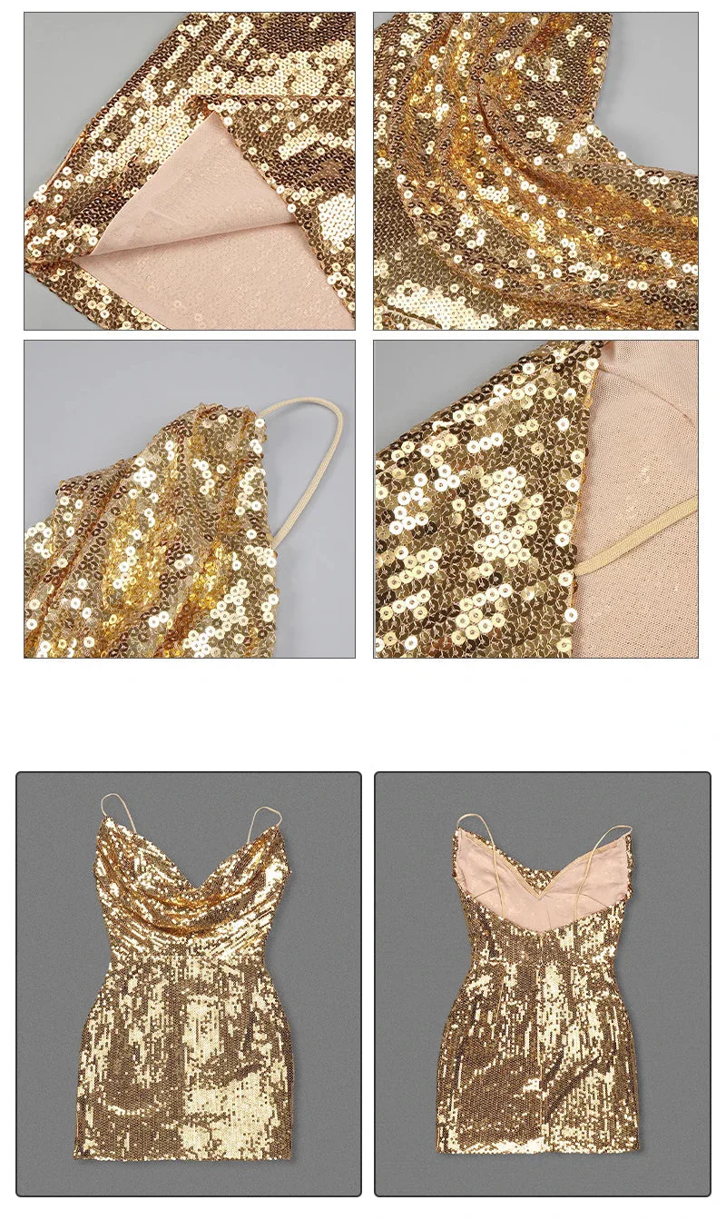 Gold Sequin Cowl-Neck Cami Mini Dress