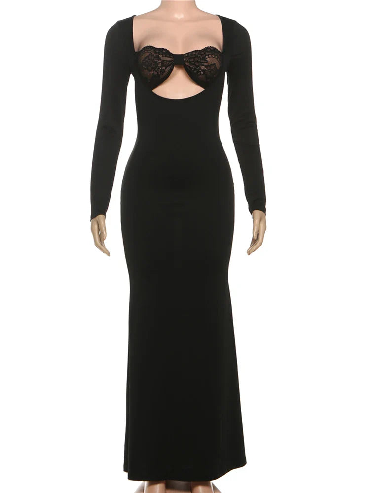 Black Lace Cut-Out Long Sleeve Maxi Dress