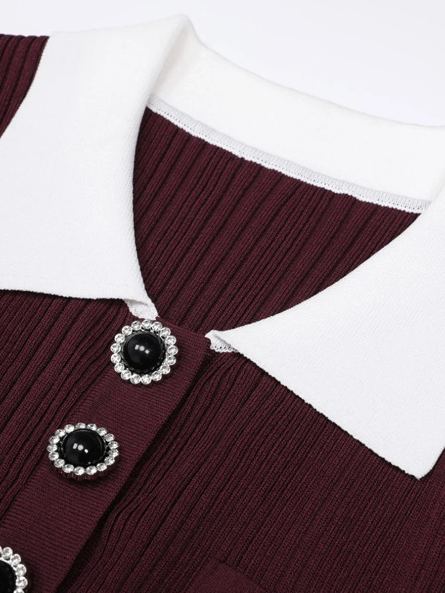 Knit Midi Dress with Contrast Lapel and Rhinestone Buttons