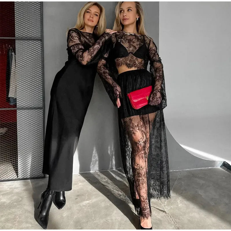 Black Lace Top and Long Skirt Set – Sheer Streetwear Co-Ord for Women