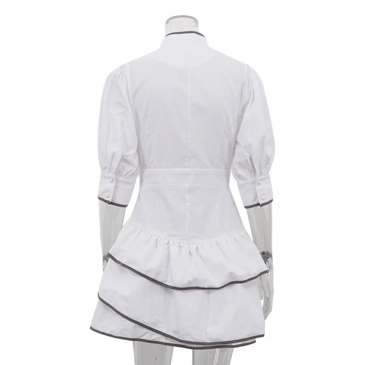 White Stand Collar Puff Sleeve Mini Shirt Dress | High Waist A-Line Office Lady