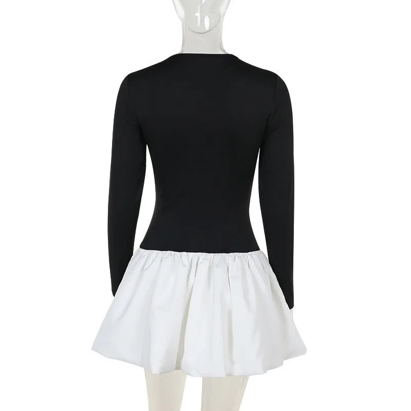 Black and White Contrasting Puff Hem Mini Dress