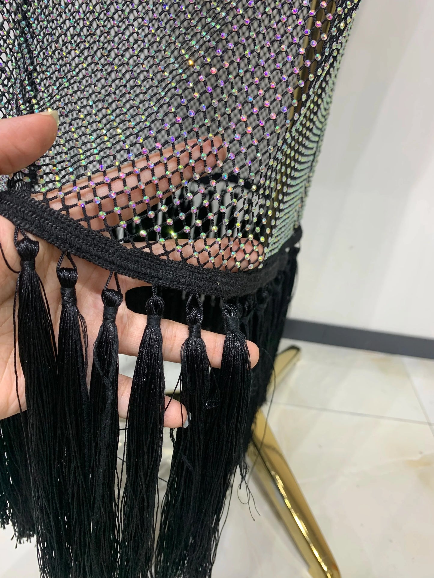 Black Sleeveless Sparkly Diamonds Tassel Bandage Gown