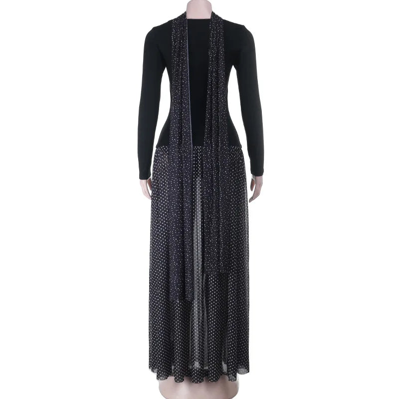 Black Polka-Dot Patchwork Maxi Dress with Scarf Detail