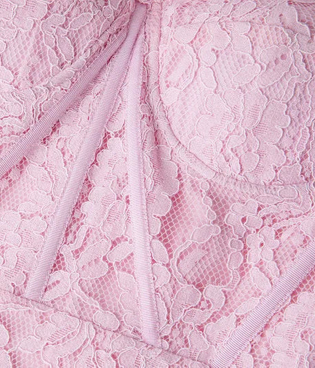 Pink Lace Long Sleeve Rhinestone Neck Bustier Midi Dress