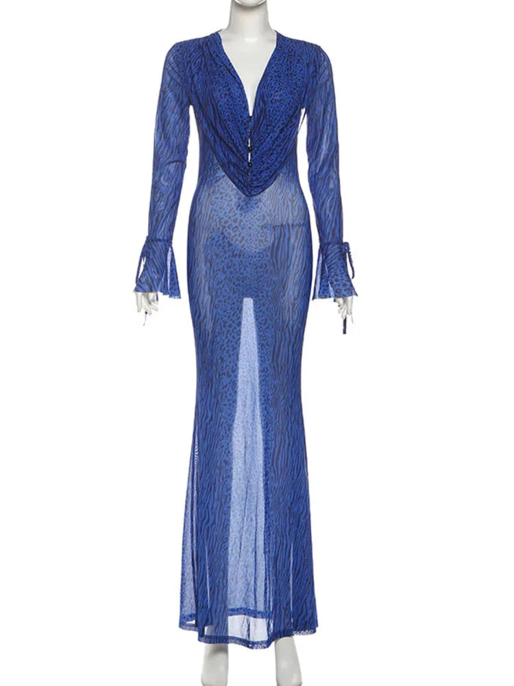 Blue Leopard Mesh Maxi Dress | Deep Cowl Night Out Gown