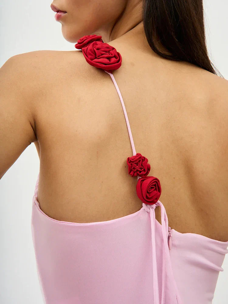 Pink 3D Flower Diagonal Strap Maxi Dress