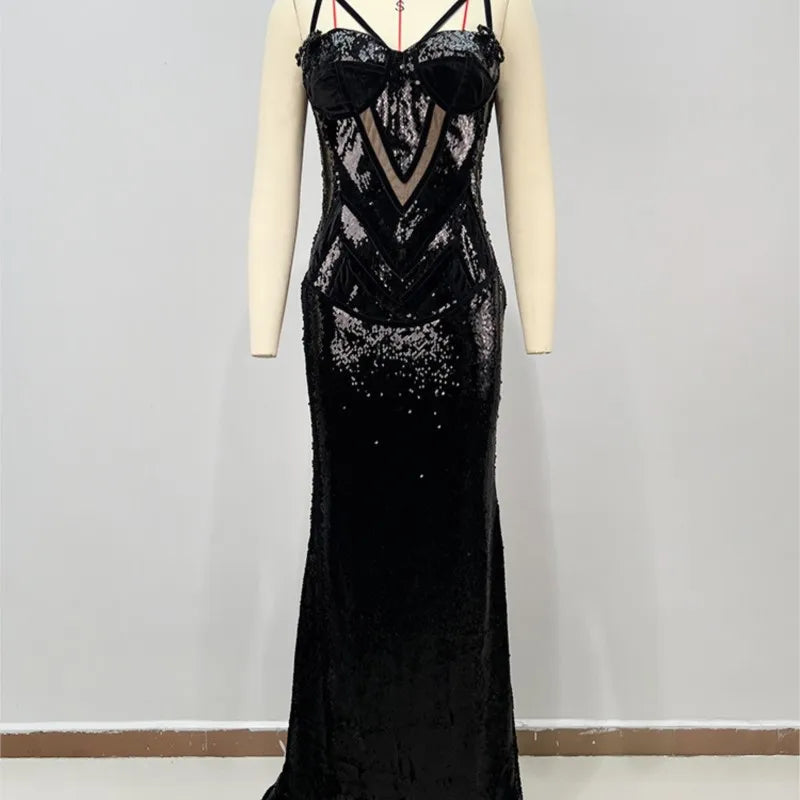 Black Sequin Spaghetti Strap Mermaid Gown