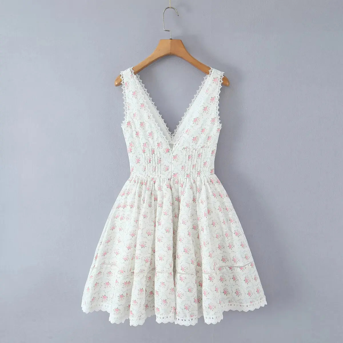 White Floral Print Mini Dress - Backless V-Neck Sundress