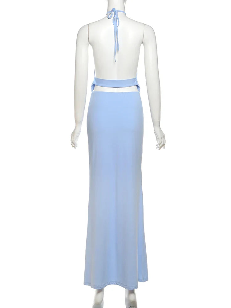 Ruched Halter Backless Maxi Dress