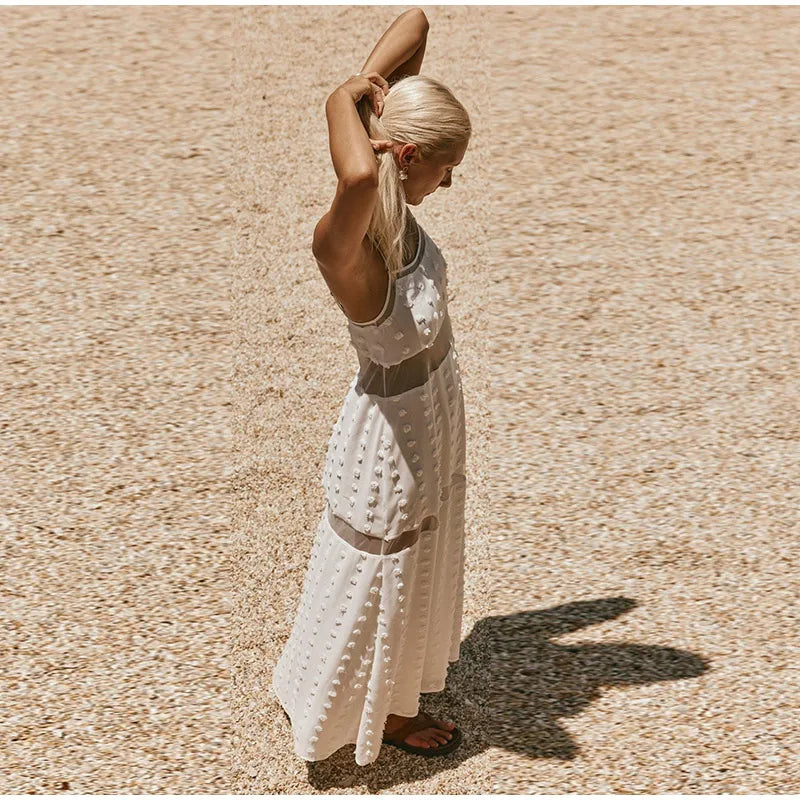 White Lace Strapless Long Dress – Patchwork Tube Dress for Summer Beach & Party