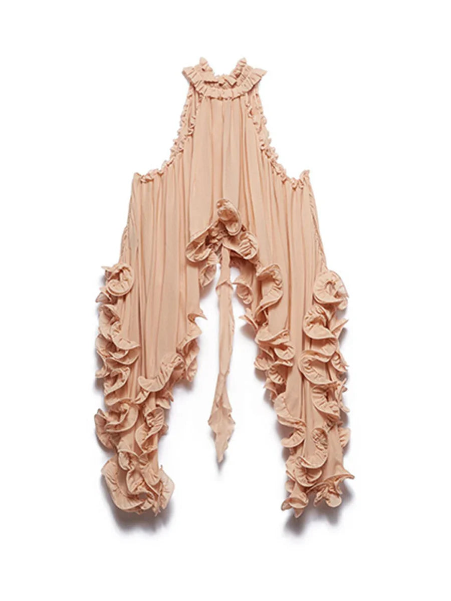 Vintage-style dress with ruffled details on a white background