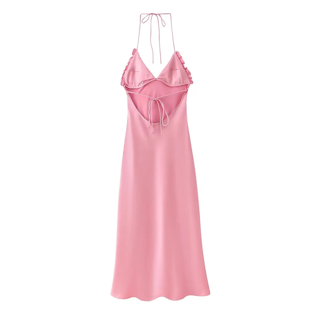 Pink Satin Slip Midi Dress | Summer Spaghetti Strap Style