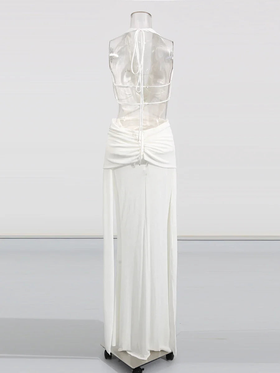 White Open Back Cowl Neck Drape Maxi Dress