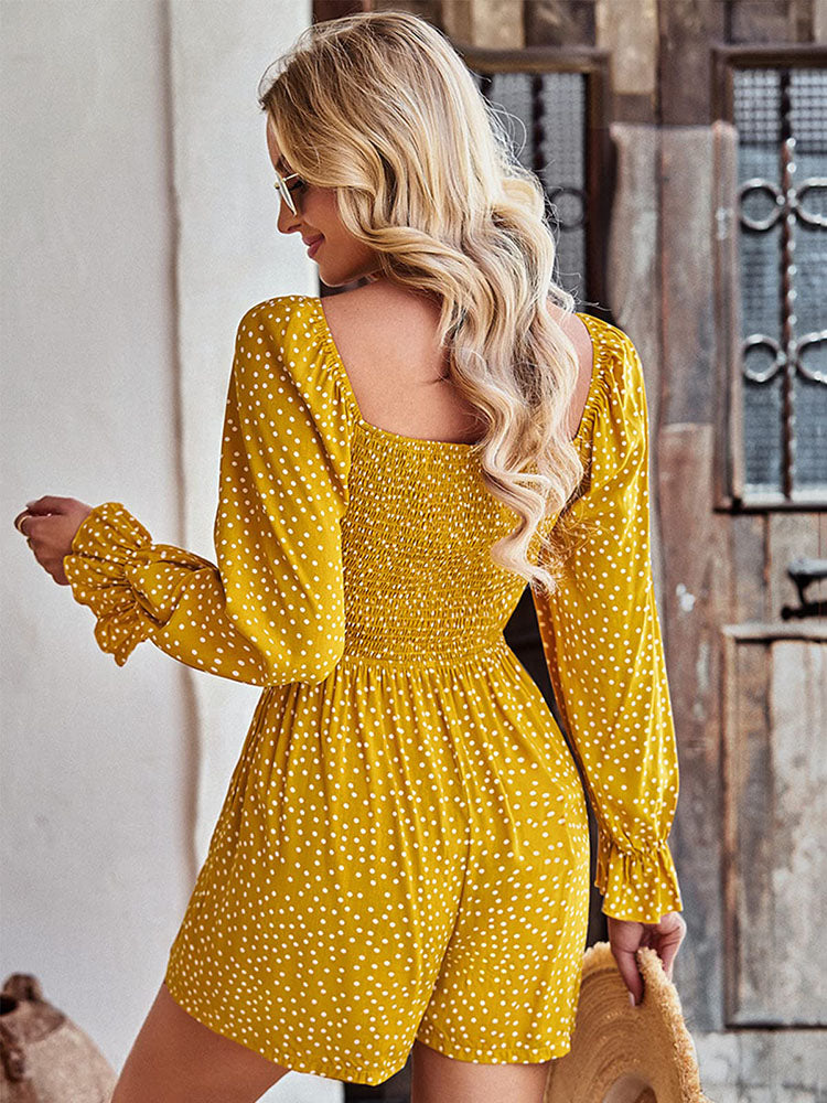 Long Ruffle Sleeve Ruched Drawstring Square Neck Jumpsuit