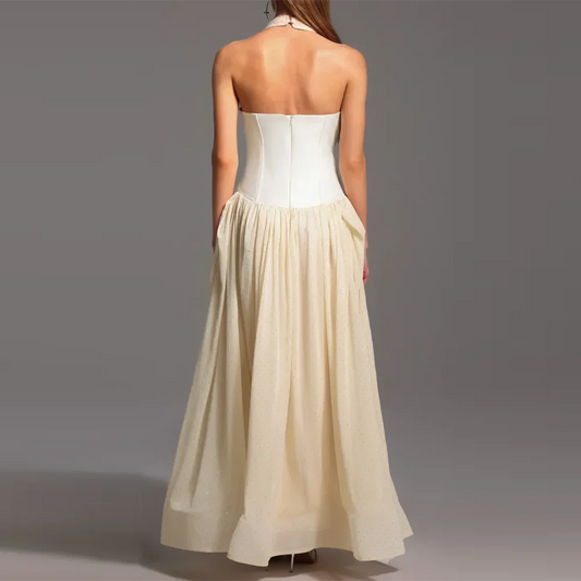 Apricot Halter Corset Maxi Dress | Flowy Pleated Elegance
