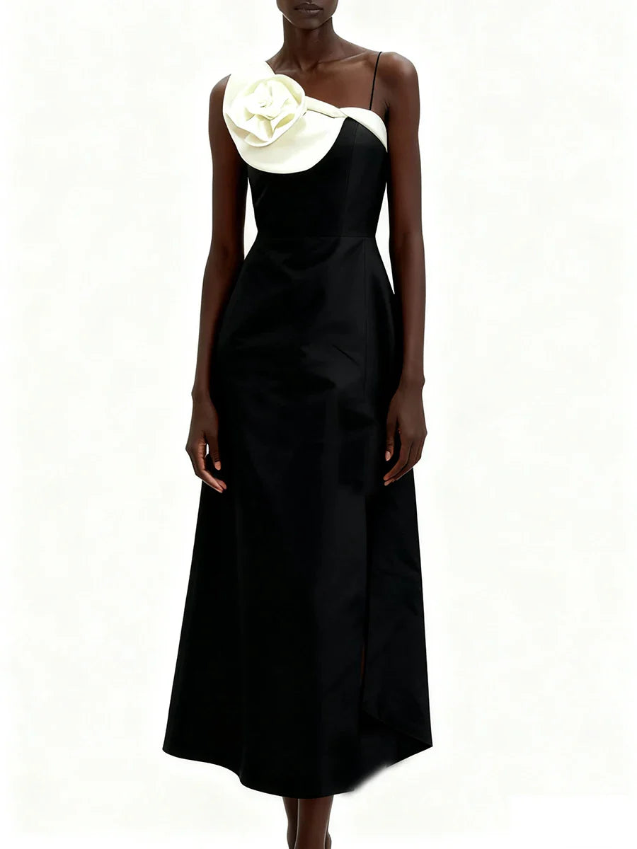 Black Satin Strapless Midi Dress with 3D Flower Detail