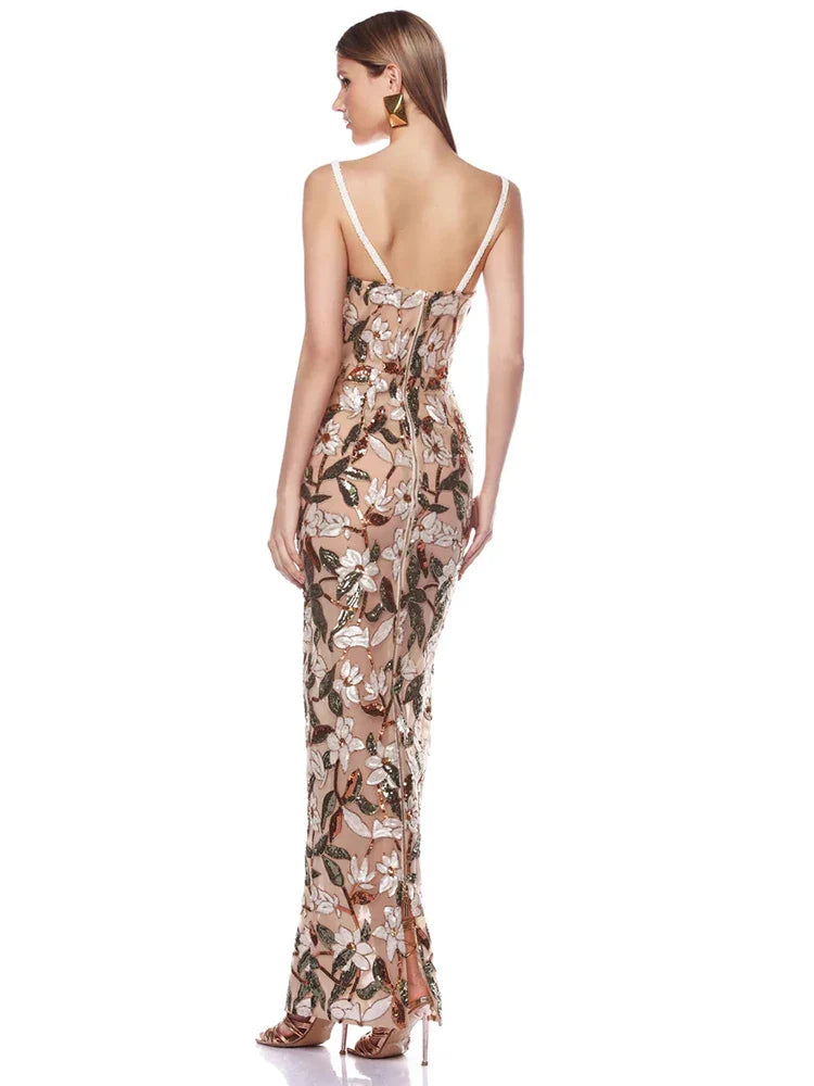 Floral Sequin Embroidered Gown | V-Neck Ankle-Length Cocktail Dress