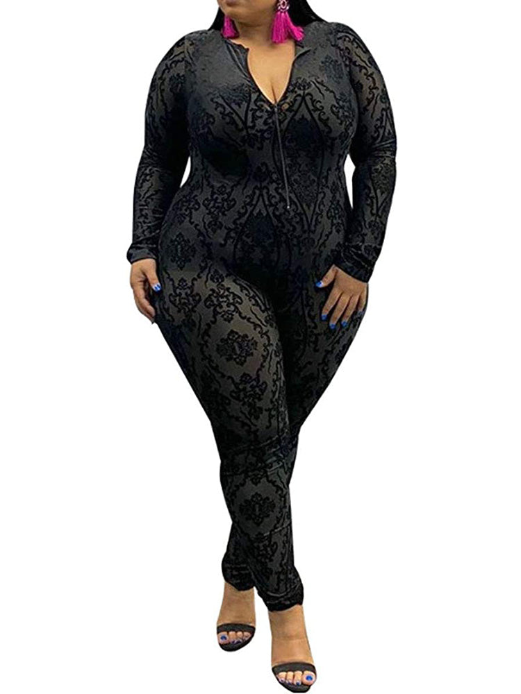 Plus Size Mesh V Neck Zip Up Clubwear Jumpsuits