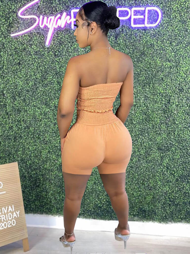 Two Piece Ruched Strapless Tube Crop Tops+Shorts Sets