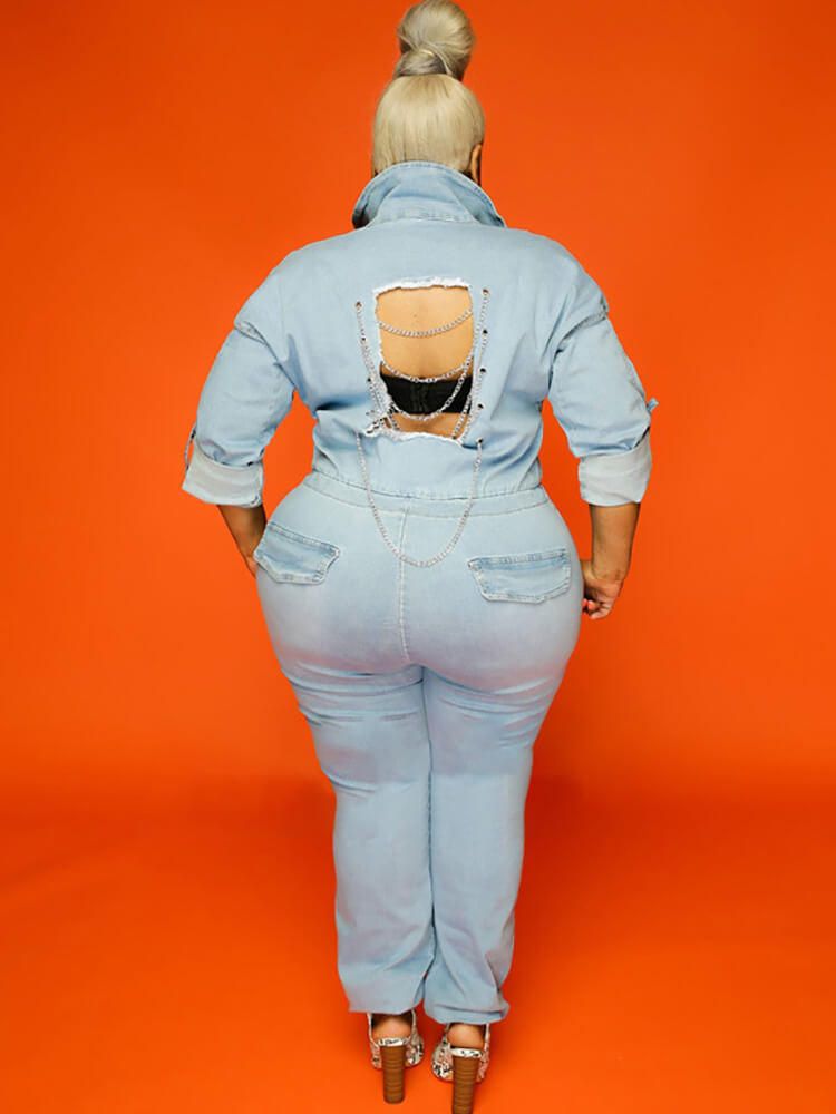 Plus Size Long Sleeve Hollow Out Denim Jumpsuit