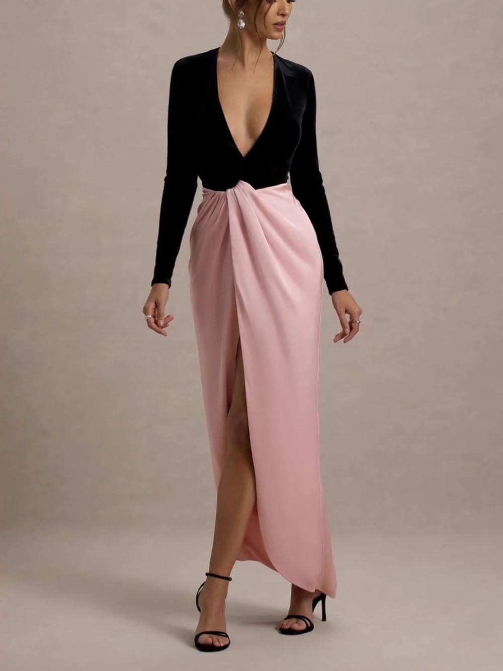 And Sexy Split Color Matching High Waist V-Neck Maxi Dress