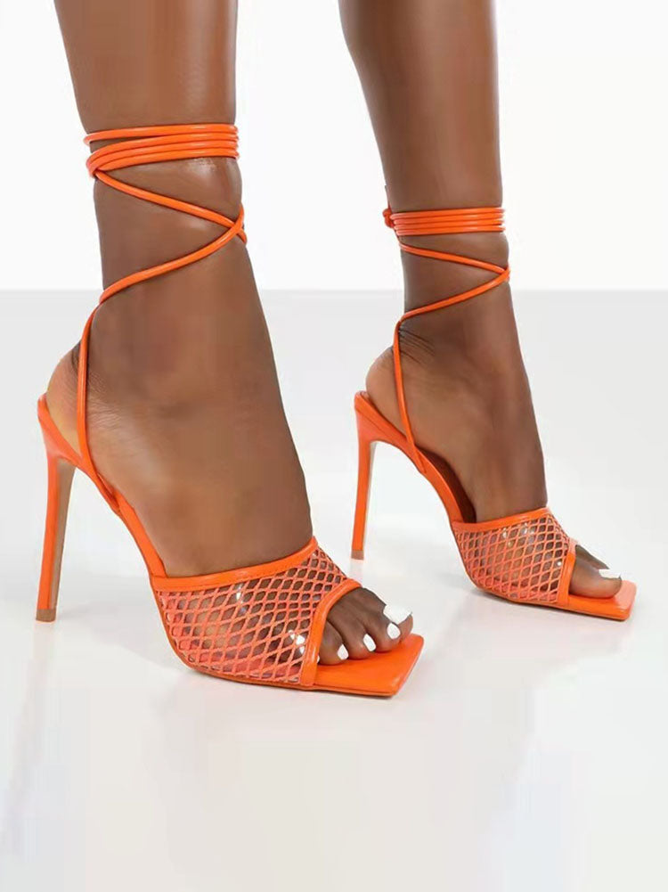 PU Tie Up Open Toe Heels