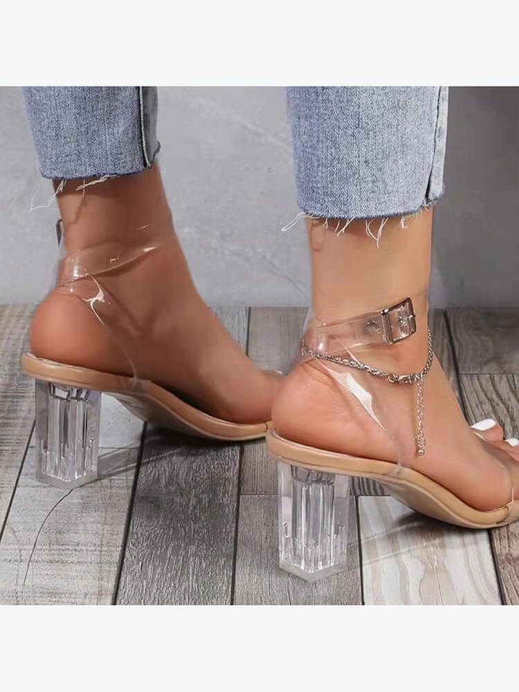 Chunky Block Transparent Strappy Open Toe Heels