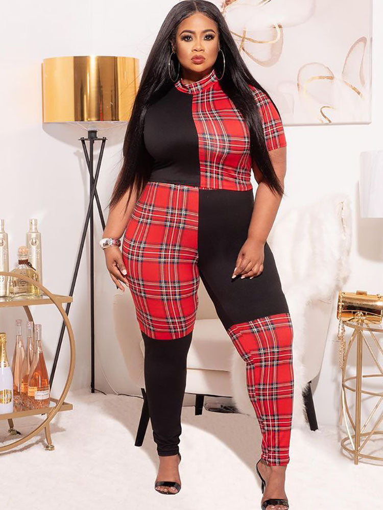 Plus Size Short Sleeves Plaid Print Rompers