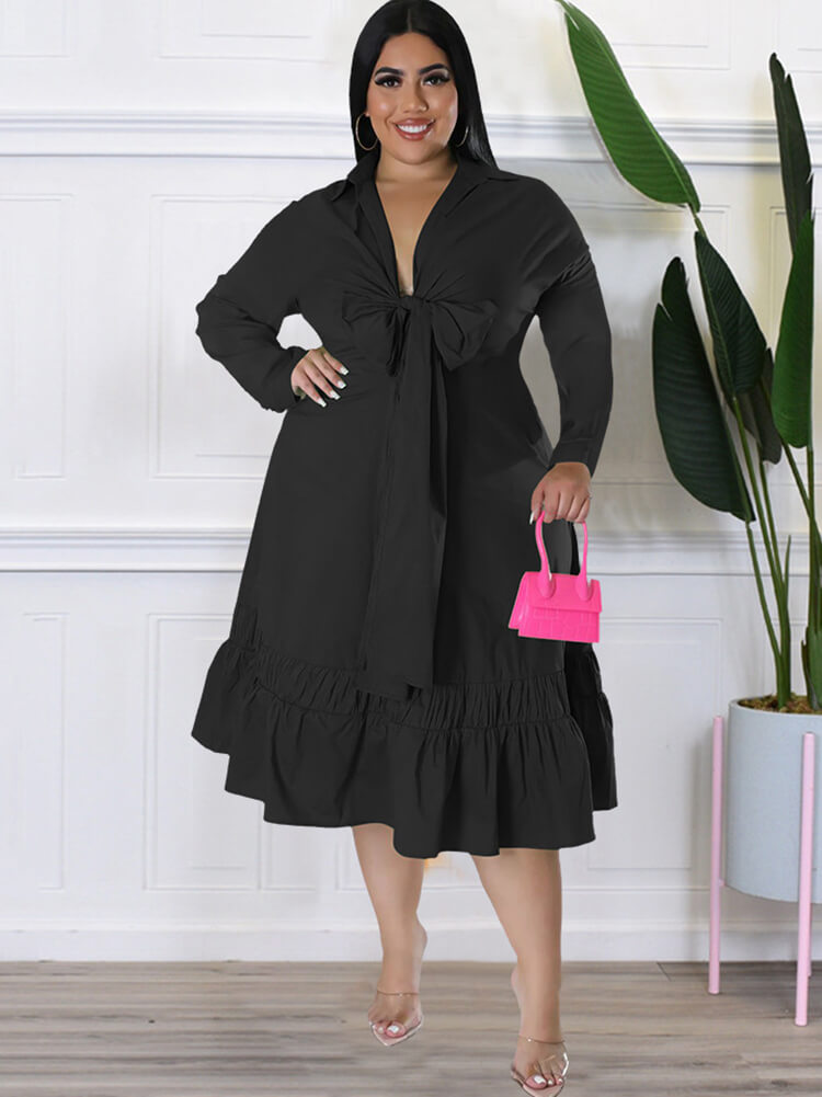 Long Sleeve Lace Up Solid Midi Dresses