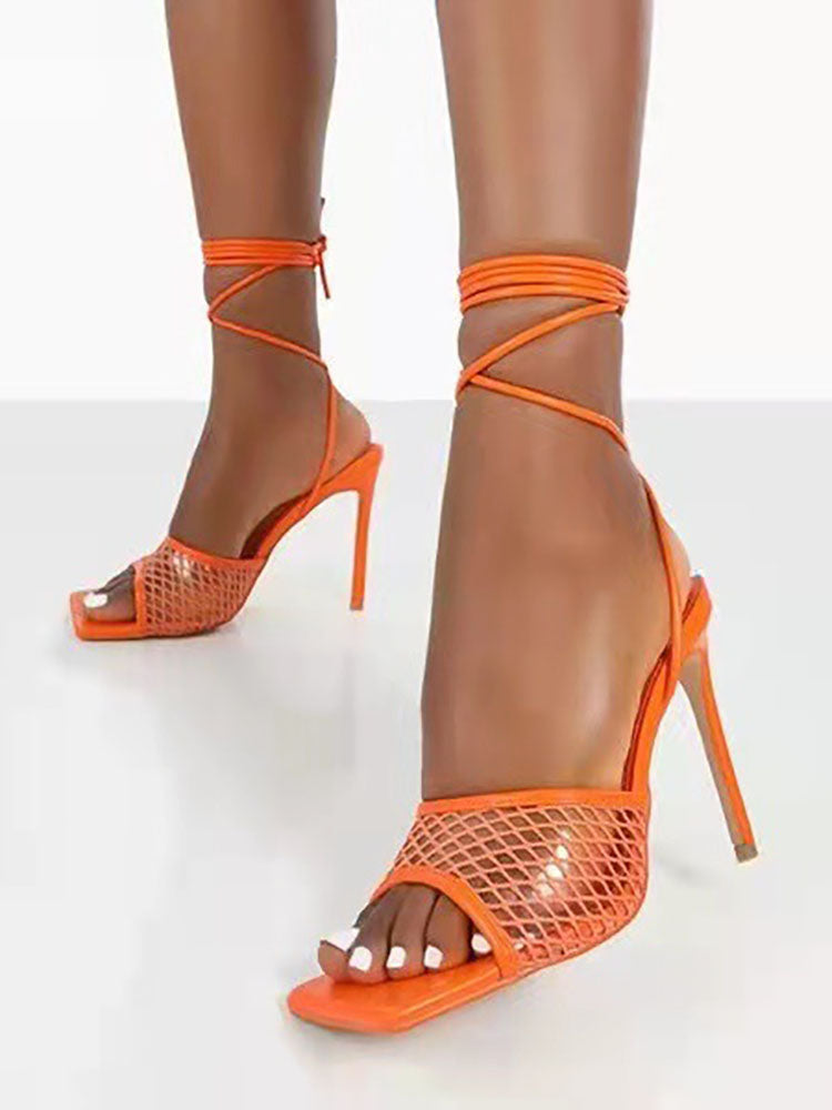 PU Tie Up Open Toe Heels