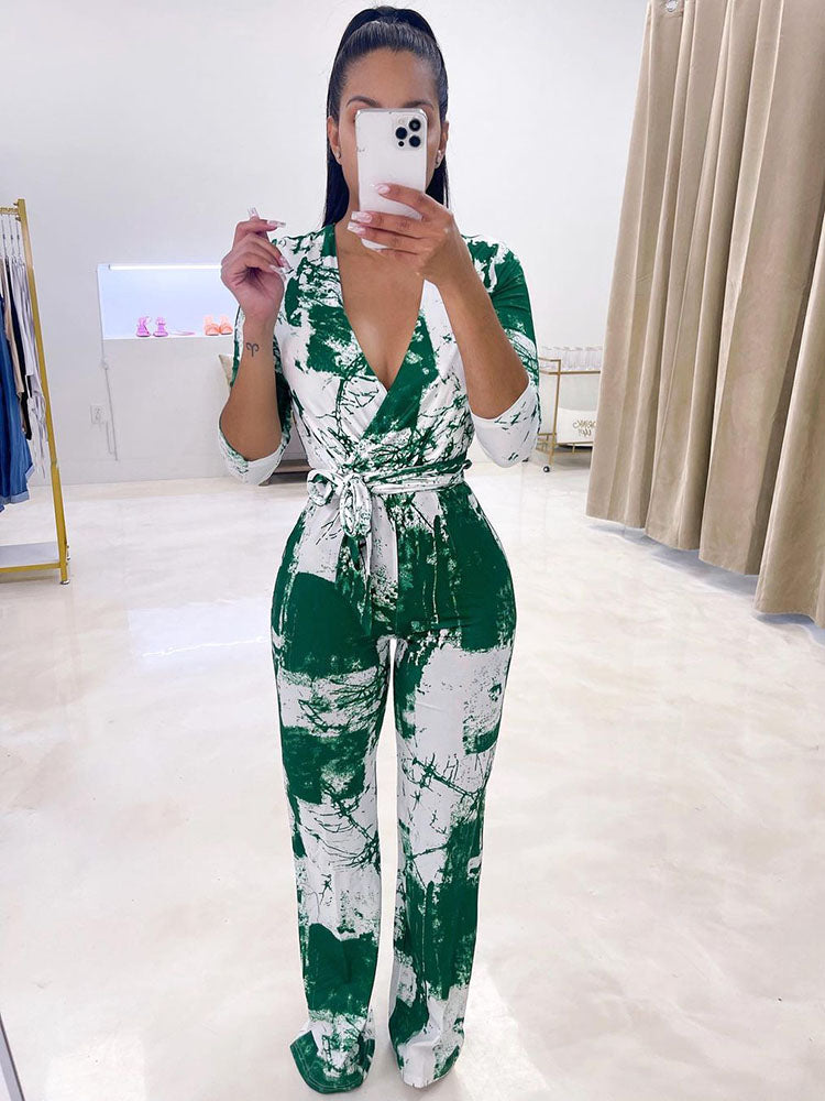 Long Sleeves Tie Dyed Print Jumpsuits