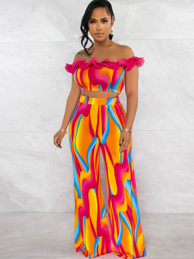 Printed Top and Loose Flared Pants Set