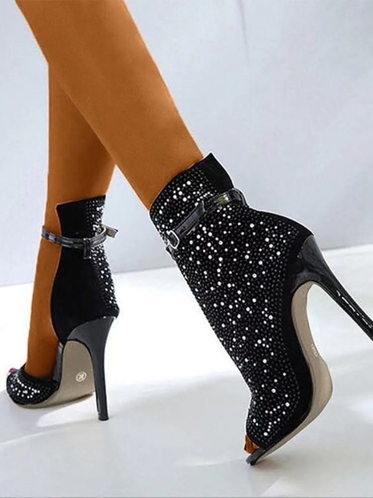 Glitter Rhinestone Cut-out High Heels