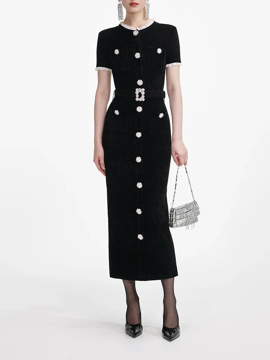 Embellished Short-Sleeve Knit Midi Dress