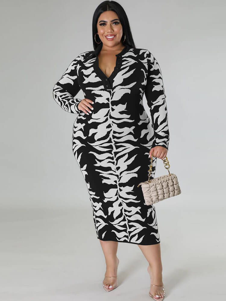 Long Sleeve Floral Print Bodycon Midi Dresses