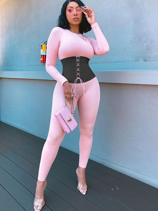 Long Sleeves Color Block Tie Up Jumpsuits