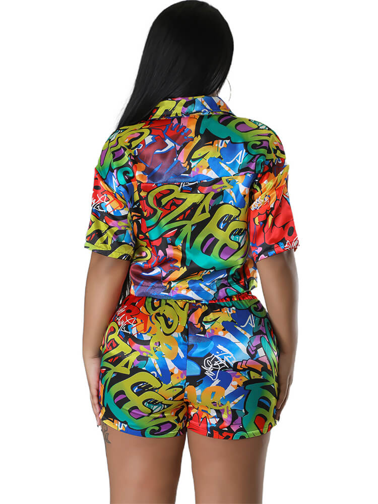 Two Piece Printed Short Sleeve Shirt Shorts Set