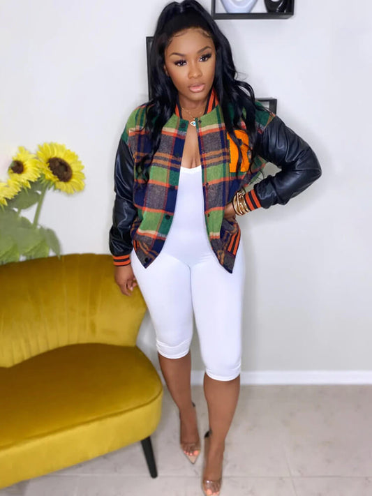Long Sleeve Plaid Print Baseball Jackets