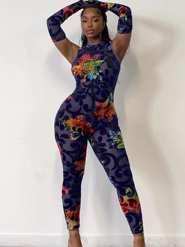 Mesh Floral Print Sleevelesss Bodycon Jumpsuits