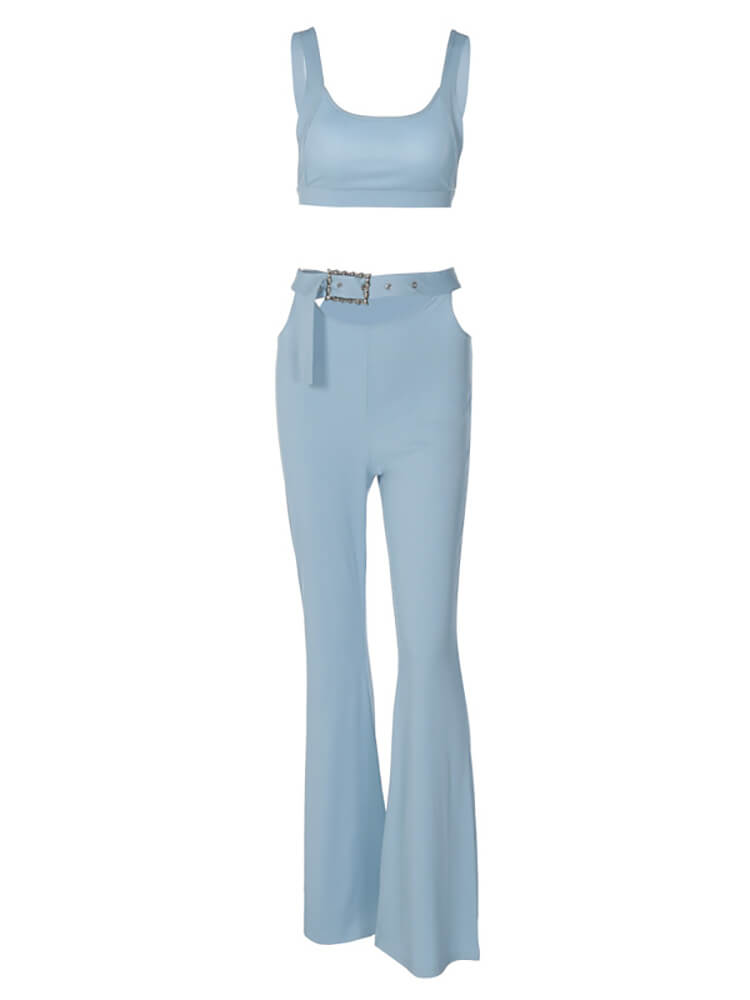 Solid Sleeveless Vest and Flared Pants Set