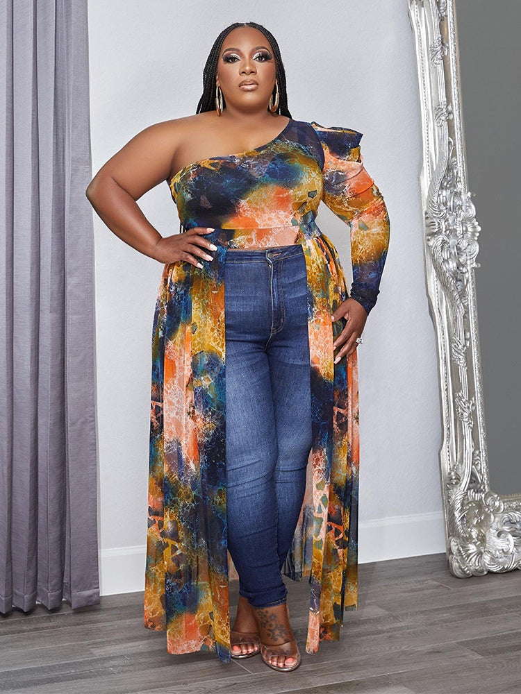 Long Sleeve One Shoulder Print Maxi Dresses