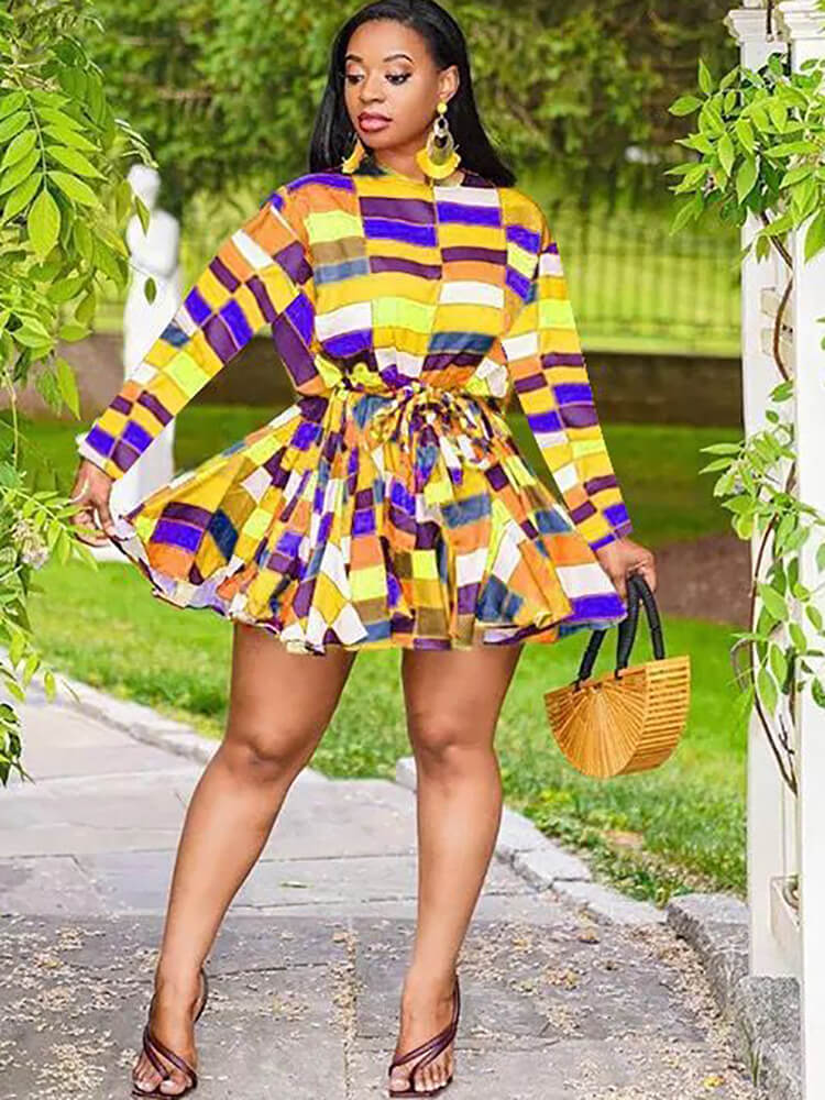 Long Sleeve Color Block Mini Dresses