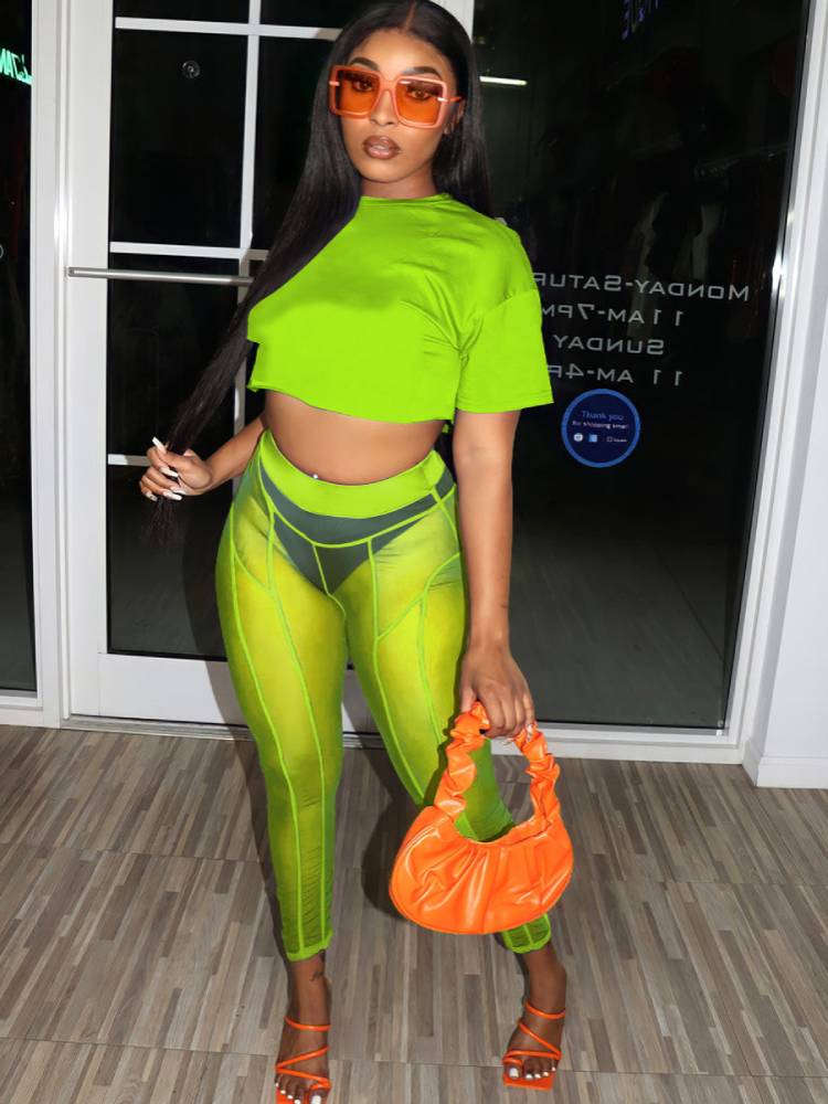 Two Piece Short Sleeves Crop Top & Mesh Pants