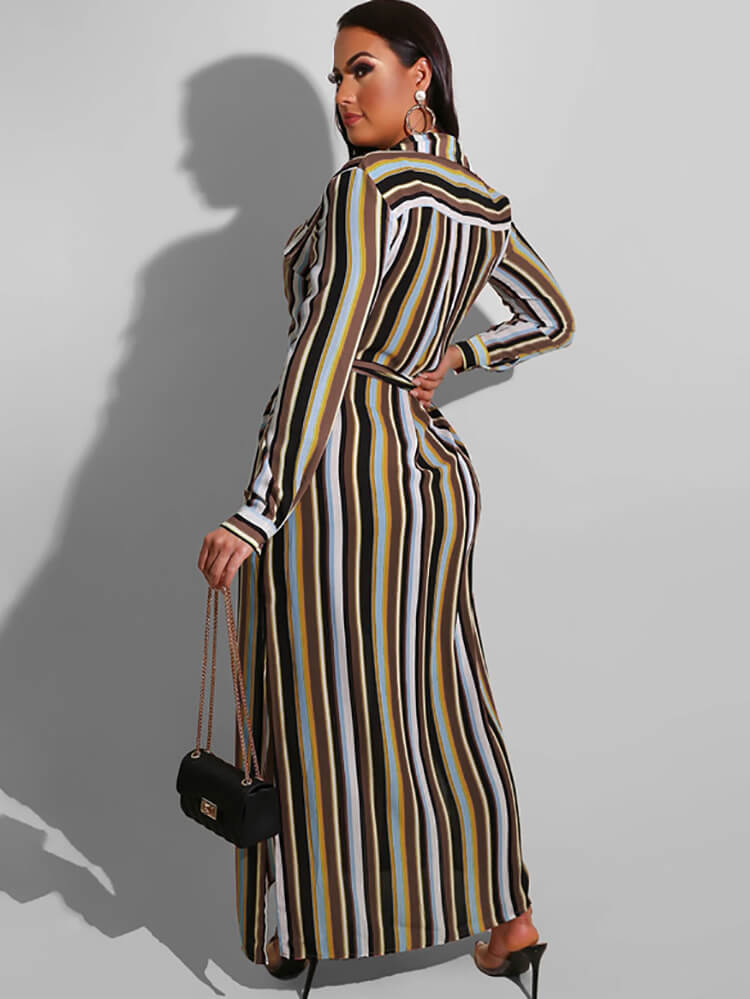 Long Sleeve Striped Lace Up Maxi Dresses